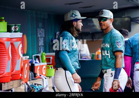 Seattle Mariners' Julio Rodriguez walks during the baseball All-Star Game  red carpet show Tuesday, July 11, 2023, in Seattle. (AP Photo/Lindsey  Wasson Stock Photo - Alamy