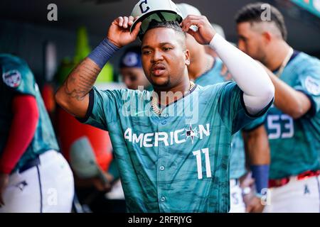 American League's José Ramírez, of the Cleveland Guardians, celebrates a  base hit during the MLB All-Star baseball game against the National League  in Seattle, Tuesday, July 11, 2023. (AP Photo/Lindsey Wasson Stock