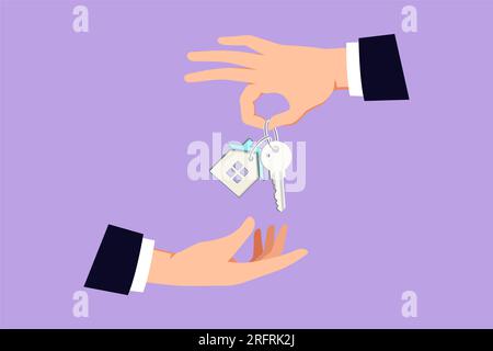 Graphic flat design drawing hand giving house keys to customer. Businessman in suit giving house key logo, icon, symbol. Mortgage, credit or buying pr Stock Photo