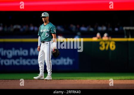 American League's Whit Merrifield, of the Toronto Blue Jays, looks