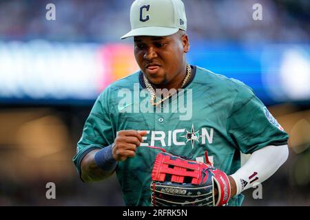 American League's José Ramírez, of the Cleveland Guardians, celebrates a  base hit during the MLB All-Star baseball game against the National League  in Seattle, Tuesday, July 11, 2023. (AP Photo/Lindsey Wasson Stock