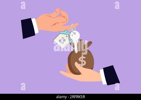 Character flat drawing hand giving house keys to customer with cash of money bag. Businessman in suit giving house key. Mortgage, credit or buying pro Stock Photo