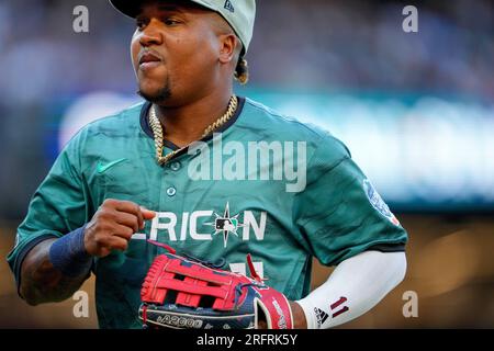 American League's José Ramírez, of the Cleveland Guardians, celebrates a  base hit during the MLB All-Star baseball game against the National League  in Seattle, Tuesday, July 11, 2023. (AP Photo/Lindsey Wasson Stock