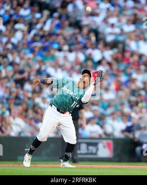 American League's José Ramírez, of the Cleveland Guardians, celebrates a  base hit during the MLB All-Star baseball game against the National League  in Seattle, Tuesday, July 11, 2023. (AP Photo/Lindsey Wasson Stock