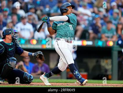 American League's José Ramírez, of the Cleveland Guardians, celebrates a  base hit during the MLB All-Star baseball game against the National League  in Seattle, Tuesday, July 11, 2023. (AP Photo/Lindsey Wasson Stock