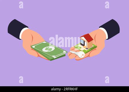 Graphic flat design drawing buying house. Agent of real estate holding in hand house, key. Buyer, customer gives cash money. Deal sale and purchase of Stock Photo