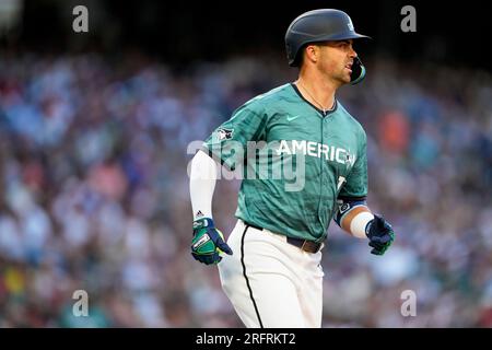 American League's Whit Merrifield, of the Toronto Blue Jays, looks