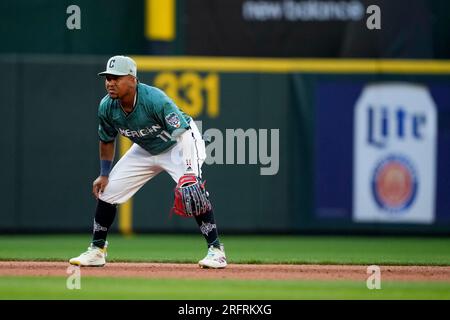 American League's José Ramírez, of the Cleveland Guardians, celebrates a  base hit during the MLB All-Star baseball game against the National League  in Seattle, Tuesday, July 11, 2023. (AP Photo/Lindsey Wasson Stock