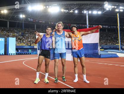 Chengdu, China's Sichuan Province. 5th Aug, 2023. Gold medalist Urho Vaino Johannes Kujanpaa (C) of Finland, silver medalist Patsapong Amsamarng (L) of Thailand and bronze medalist Koen Evan Van Der Wijst of the Netherlands celebrate after the athletics men's pole vault final at the 31st FISU Summer World University Games in Chengdu, southwest China's Sichuan Province, Aug. 5, 2023. Credit: Li Jing/Xinhua/Alamy Live News Stock Photo