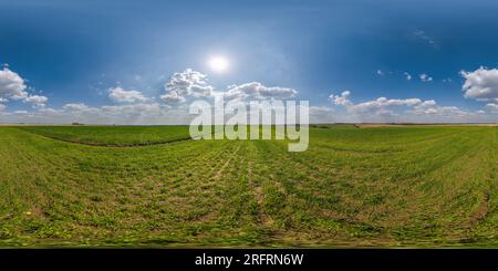 360 degree panoramic view of spherical 360 hdri panorama among green grass farming field with clouds on blue sky with sun in equirectangular seamless projection, use as sky replac