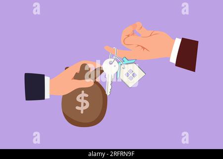 Character flat drawing hand giving house keys to customer with cash of money bag. Businessman in suit giving house key. Mortgage, credit or buying pro Stock Photo