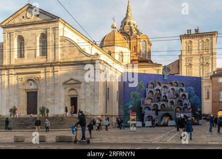 Cathedral of St John the Baptist with the Chapel of the Holy Shroud and the Advent Calendar by Emanuele Luzzati during the Christmas Holidays, Turin Stock Photo