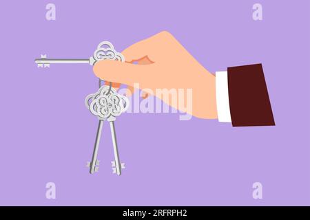 Character flat drawing businessman hand with old keys. Retro style unlock sign and icon. Vintage engraving stylized drawing. Key takeaways design, tem Stock Photo