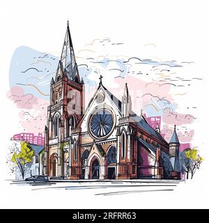 Trinity Church in Boston hand-drawn comic illustration. Trinity Church in Boston. Vector doodle style cartoon illustration Stock Vector