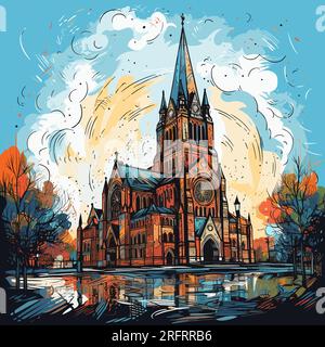 Trinity Church in Boston hand-drawn comic illustration. Trinity Church in Boston. Vector doodle style cartoon illustration Stock Vector