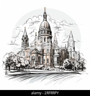 Trinity Church in Boston hand-drawn comic illustration. Trinity Church in Boston. Vector doodle style cartoon illustration Stock Vector