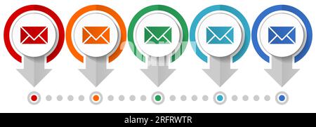 Email, envelope vector icon set, flat design infographic template, set pointer concept icons in 5 color options for webdesign and mobile applications Stock Vector
