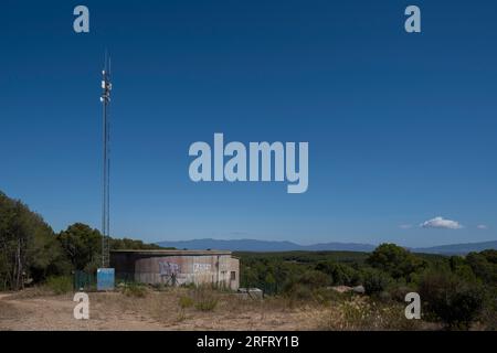Girona, Spain. 05th Aug, 2023. A large water supply tank is seen at the top of the Valldaviá viewpoint. 42 Catalan municipalities are at level 3 of high fire risk according to the Alpha Plan of the Generalitat of Catalonia. (Photo by Paco Freire/SOPA Images/Sipa USA) Credit: Sipa USA/Alamy Live News Stock Photo