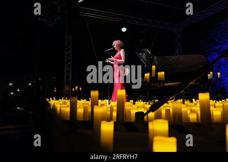 Italian singer Fiorella Mannoia performs on stage during the 'Luce' tour at the Ennio Morricone Arena in Vasto. Stock Photo