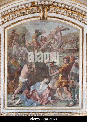 NAPLES, ITALY - APRIL 18, 2023: The fresco of Martyrdom of apostles St. Jude and Simon in the church Chiesa dei Santi Apostoli by Giovanni Lanfranco Stock Photo