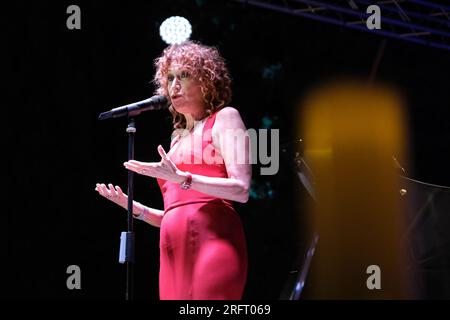 Vasto, Italy. 04th Aug, 2023. Italian singer Fiorella Mannoia performs on stage during the 'Luce' tour at the Ennio Morricone Arena in Vasto. (Photo by Davide Di Lalla/SOPA Images/Sipa USA) Credit: Sipa USA/Alamy Live News Stock Photo