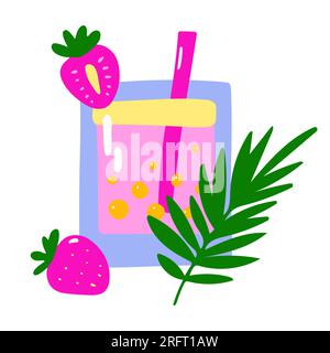 Cartoon tropical cocktail. Pink layers drink on white background. Hand drawn liquor with straw, strawberry, leaves, bubbles. Beverage, soda, juice in Stock Vector