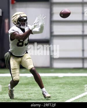 Metairie, USA. 05th Aug, 2023. Tight end Juwan Johnson (83) catches a pass  during New Orleans Saints training camp at the Ochsner Sports Performance  Center Indoor Facility in Metairie, Louisiana on Saturday,