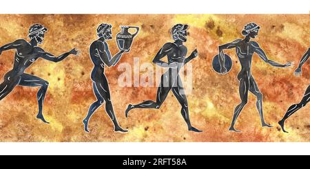 Seamless border with ancient greek olympic athletes. Black silhouettes of men. Ancient Greek art of vase painting. Watercolor hand drawn illustration. Stock Photo