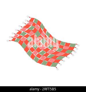 Patchwork quilt. Textile. Warm handmade blanket sewn from multi-colored green-red-pink shreds of fabric. Design. Simple vector illustration in flat style. Isolated on white background Stock Vector