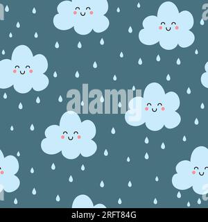 Seamless pattern with clouds and rain drops. Cute background for kids. Vector illustration. Stock Vector
