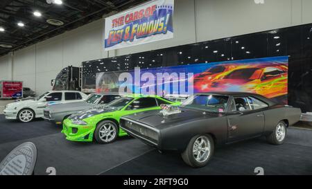 DETROIT, MI/USA - MARCH 6, 2015: Cars of the 'Fast & Furious' movies: 1995 VW Jetta, 1970 Chevy Chevelle, 1995 Mitsubishi Eclipse, 1970 Dodge Charger. Stock Photo