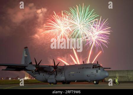 A U.S. Air Force C-130J Super Hercules sits on the flightline at Yokota Air Base, Japan, May 21, 2023, U.S. Air Force photo by Yasuo Osakabe Stock Photo