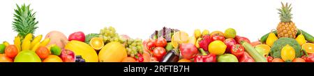 Collection fresh fruits and vegetables isolated on white background. Panoramic collage. Wide photo with free space for text. Stock Photo