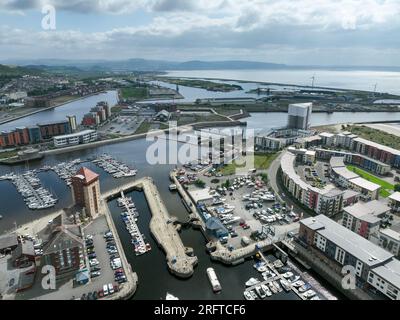 Editorial Swansea, UK - August 04, 2023: Drone view of the River Tawe and the docks on the east side of Swansea in South Wales UK Stock Photo