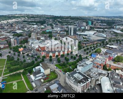 Editorial Swansea, UK - August 04, 2023: Drone view of the main commercial centre of Swansea City in South Wales UK taking in the Townhill and Mayhill Stock Photo