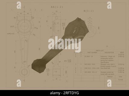 technical drwaing, old black and white connecting rod crank for friction and forces in reciprocating motion converted in rotation Stock Photo