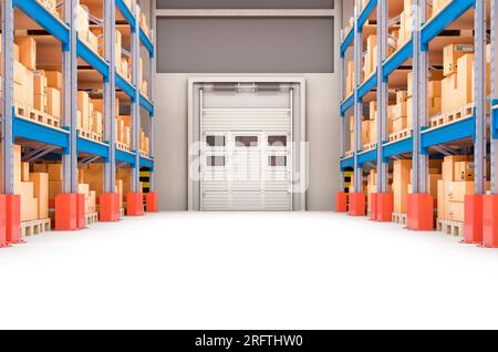 Warehouse with pallet racks full of cardboard boxes and parcels, 3D rendering Stock Photo