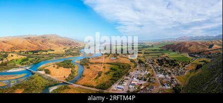 Kurow town along Waitaki river in scenic valley of New Zealand. Stock Photo