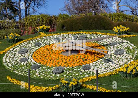 L'horloge fleurie, or the flower clock, is an outdoor flower clock located on the western side of Jardin Anglais park in Geneva. Stock Photo