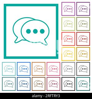Two oval active chat bubbles outline flat color icons with quadrant frames on white background Stock Vector