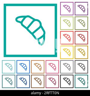 Croissant outline flat color icons with quadrant frames on white background Stock Vector
