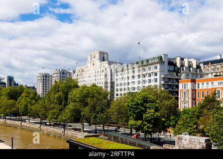 Shell Mex House, 80 Strand, a grade II listed Portland stone building on Victoria Embankment viewed from Waterloo Bridge, London WC2 on a sunny day Stock Photo