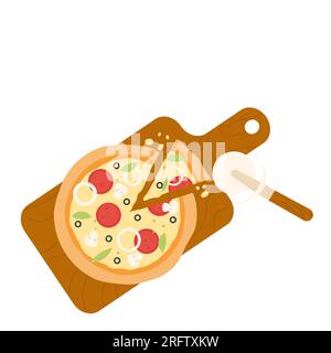 Sliced pizza on board. Homemade pizza, cheese melting pizza vector illustration Stock Vector