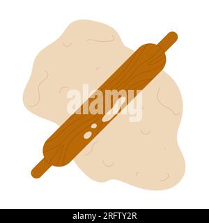 Rolling dough with rolling pin. Bread making process, break cooking vector illustration Stock Vector
