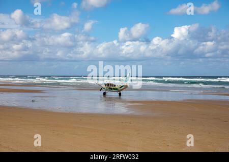 Fraser Island and 75 mile beach, K'gari light aircraft plane prepares to take off for tourist flight,Queensland, Australia Stock Photo