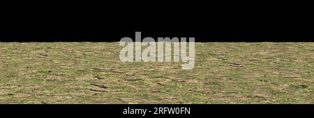 3d illustration of dry cracked ground texture with young grass growing perspective view Stock Photo