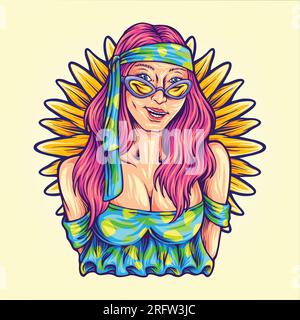 Playful hippie babe flower power movement vector illustrations for your work logo, merchandise t-shirt, stickers and label designs, poster, greeting c Stock Vector