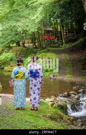 Back view of two women wearing Japanese yukata summer kimono standing next to a river in nature forest. Kyoto, Japan. Stock Photo