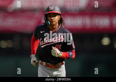 Washington Nationals' CJ Abrams runs the bases after hitting a solo home run  during the first inning of a baseball game against the Cincinnati Reds in  Cincinnati, Sunday, Aug. 6, 2022. (AP