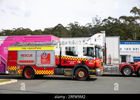 Australia fire brigade engine, NSW Fire and Rescue fire tender at a service station in Port Macquarie,Australia Stock Photo